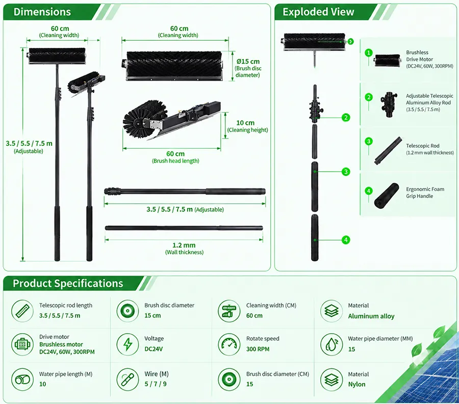 SUNWAY Photovoltaic Module Cleaning Brush – Roller-Style